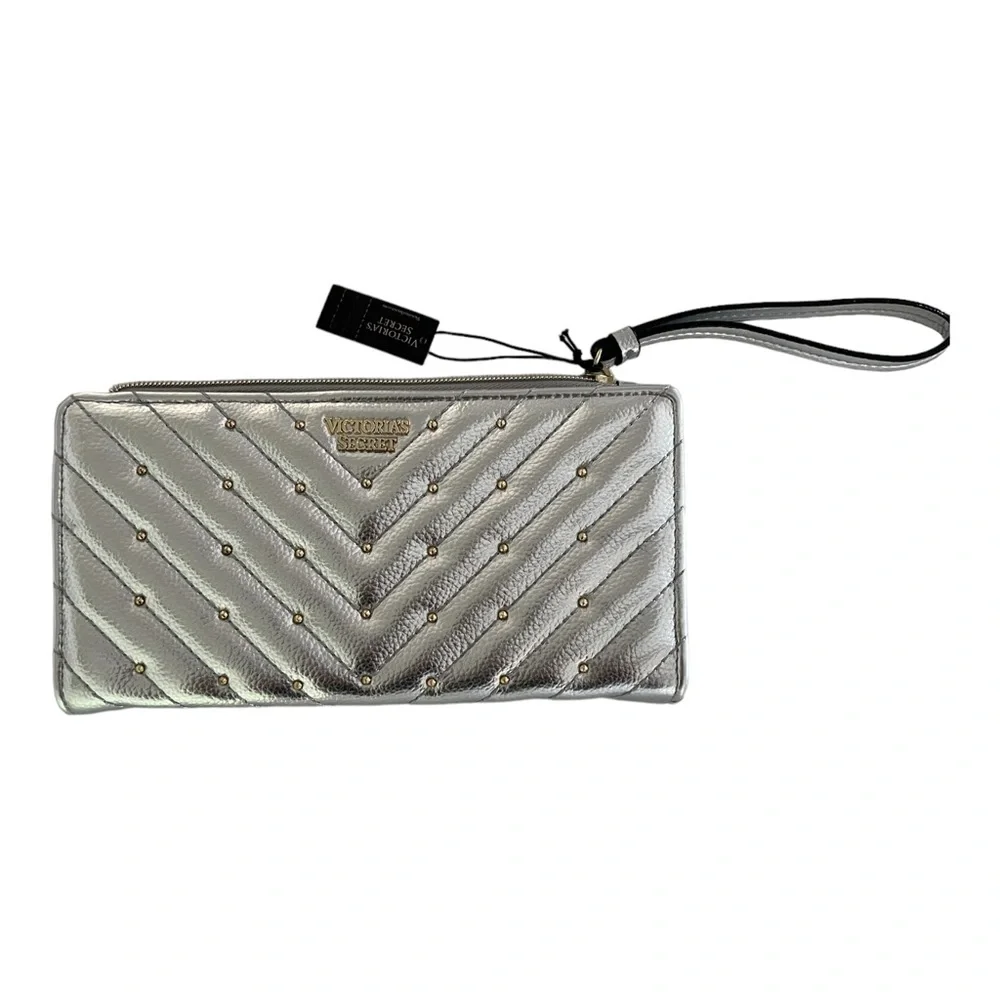 Victoria's Secret quilted metallic silver, studded wristlet wallet …